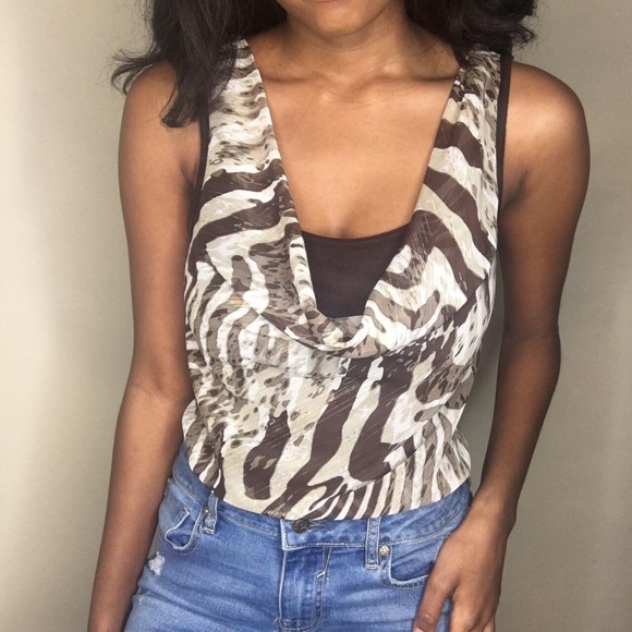 VINTAGE, BCX brown, cowl neck, abstract/zebra print blouse - Picture 2 of 4